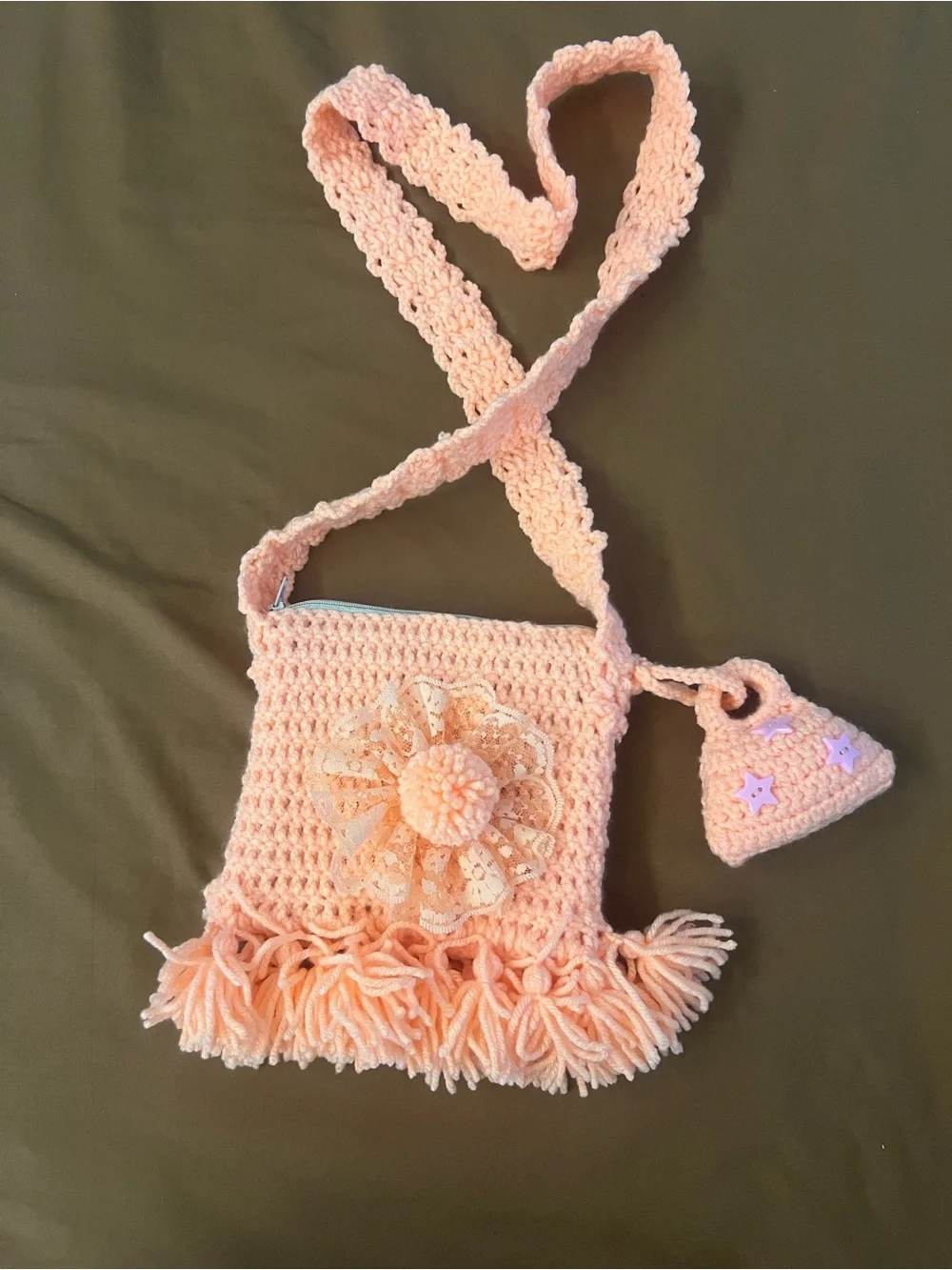 Handmade Peach Crochet Kids Crossbody Bag with Flower Accent